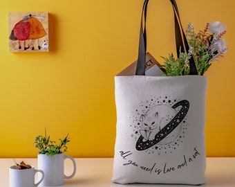 All you need is Love and a Cat Tote Bag - Cute Reusable Grocery and Market Bag, Just Throw It In The Bag, Everyday Travel Bag, Cute Yoga Bag