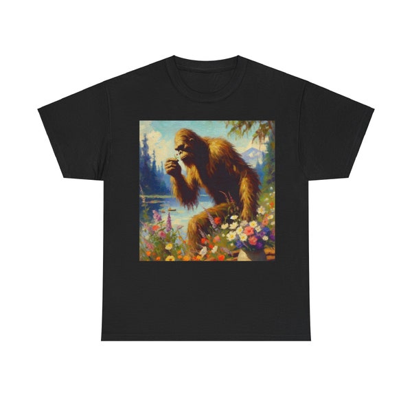 Bigfoot Smelling Mountain Flowers - Impressionist Art Style - Unisex Heavy Cotton Tee