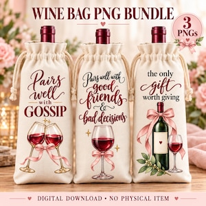Vinpåse PNG-paket, 3 roliga vincitat, sublimeringsdesigner för presentpåse med vinflaska, digital nedladdning för vinälskare med rosa rosett