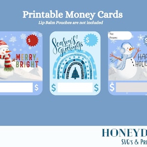 Printable Christmas Money Card Template Bundle, Holiday Snowman, Rainbow Lip Balm Pouch Money Card Template PNG