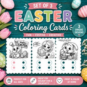 May include: A set of 3 Easter colouring cards with unique designs. Each card features a black and white illustration of Easter-themed characters, including bunnies and a girl, with the words "Happy Easter". Great for holiday fun.