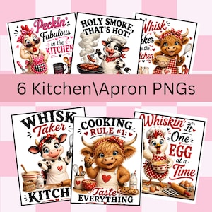Peut inclure: Six PNGs de tabliers de cuisine avec des chefs animaux de dessins animés. Les motifs incluent un poulet, une vache et un taureau avec des textes tels que "Peckin' Fabulous", "Holy Smoke, That's Hot!" et "Whisking It One Egg at a Time."