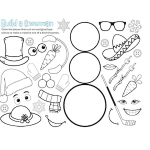 May include: Black and white line art printable craft activity for kids to build a snowman. The printable includes a hat, scarf, eyes, mouth, nose, arms, and a body.