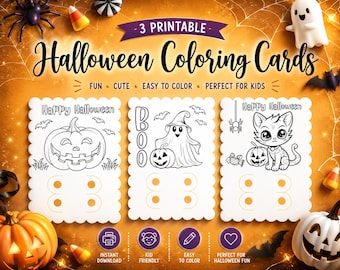 Halloween Coloring Cards with Crayon Holder, Kids Halloween Party Favors, Trick or Treat Printable Activity, Print then cut file