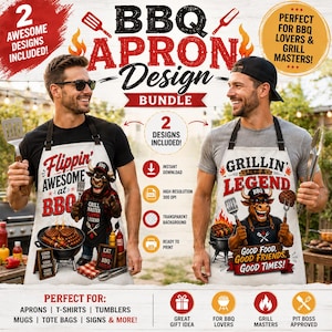 May include: A digital design bundle for two BBQ aprons featuring illustrations of a bull wearing sunglasses and holding grilling tools. The text reads Flippin Awesome at BBQ and Grillin Like a Legend with Good Food Good Friends Good Times.