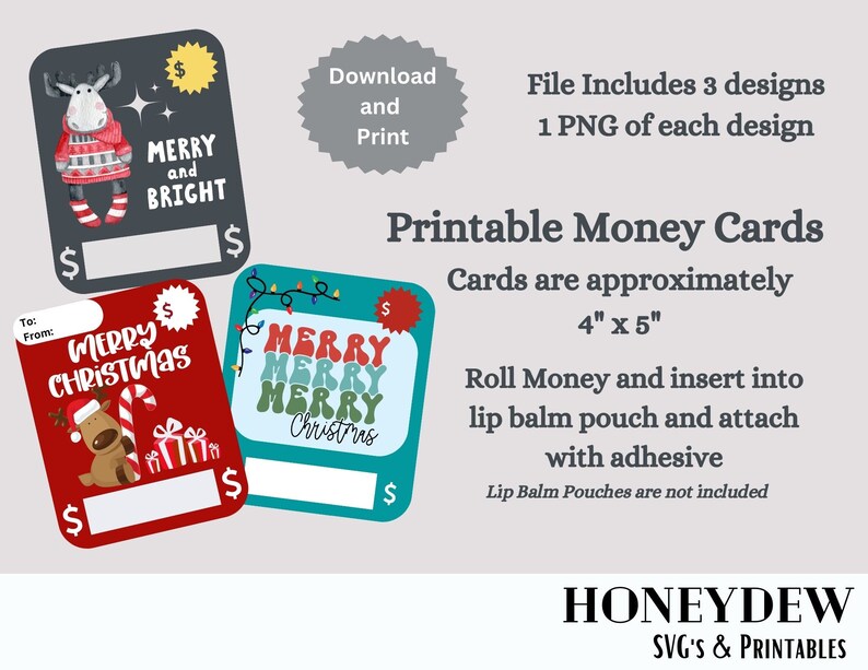 Christmas Printable Money Card Template Bundle, Holiday Lip Balm Pouch Money Card Holder PNG - Etsy