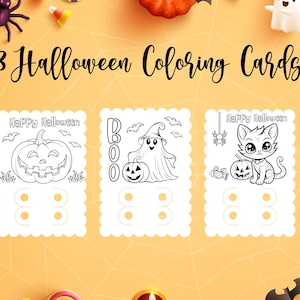 3 cartões de colorir de Halloween para imprimir, pacote de porta-lápis de cera de Halloween, lembrancinha de festa, PNG