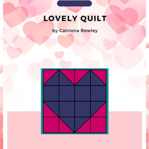 May include: A quilt block pattern featuring a heart shape made of blue squares surrounded by pink triangles. The block is outlined in teal and black.