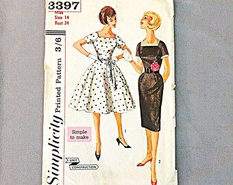 short and 34 length sleeves Size 18 12 Bust 39 Simplicity Pattern 6057 1960/'s One-Piece Dress sized petite women slim gathered skirt