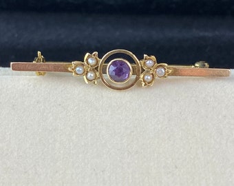 Vintage 12k gold, amethyst and seed pearl straight bar pin brooch, vintage gold, retro elegant style,