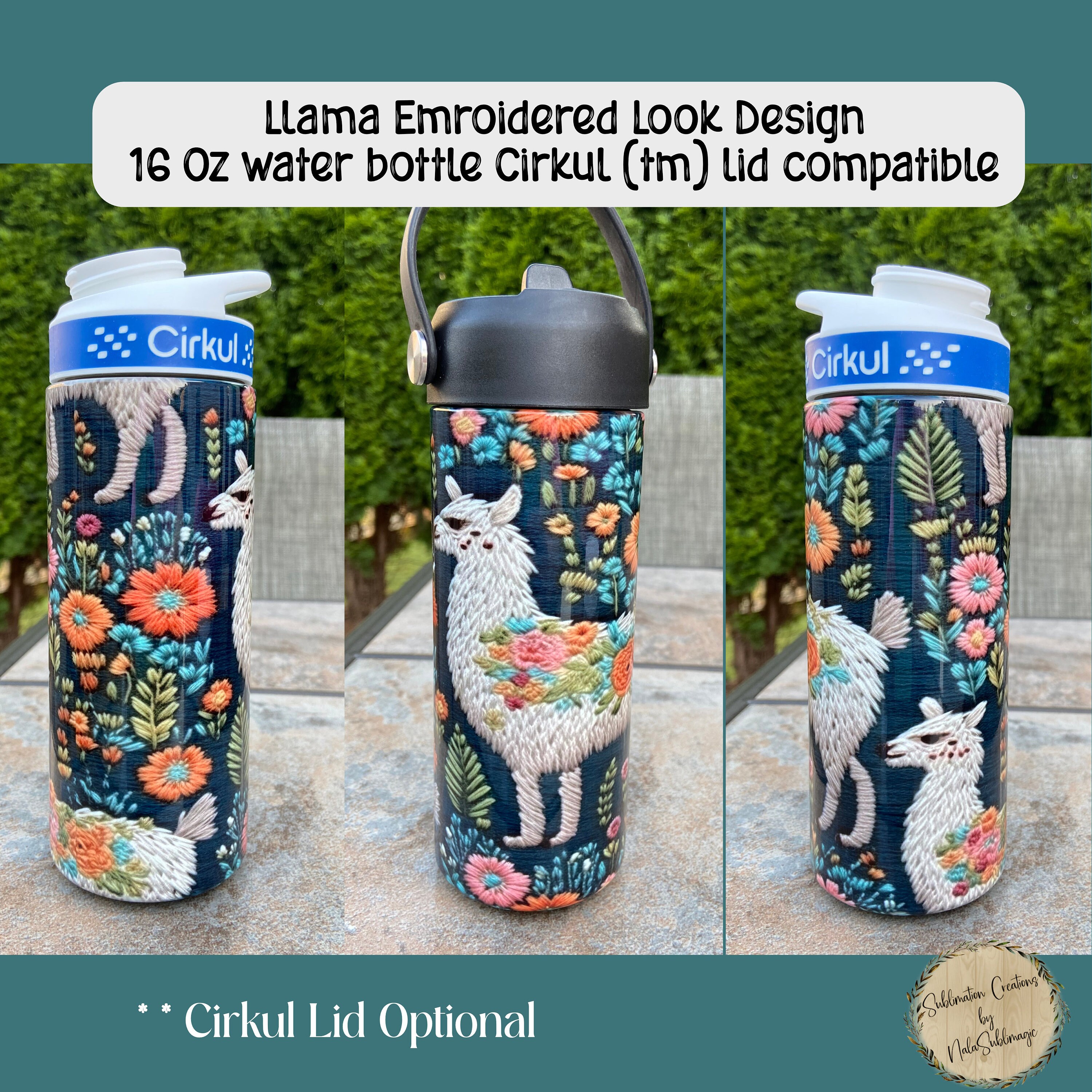 Llama Embroidered Look Design 16 Ounce Water Bottle Cirkul TM Lid  Compatible 