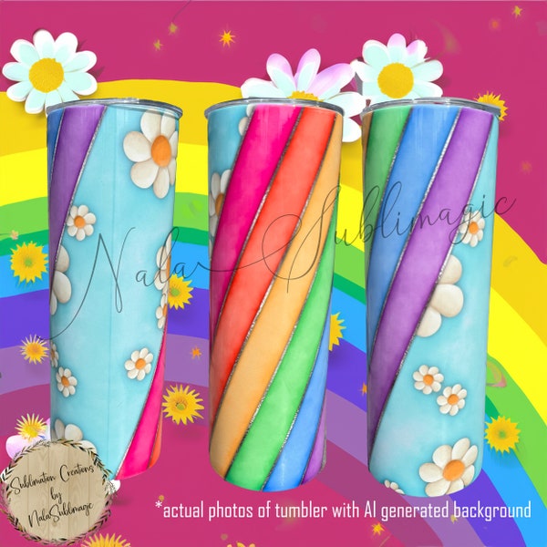 Bright colored rainbow stripes and Daisies on a 20 Oz stainless steel insulated tumbler