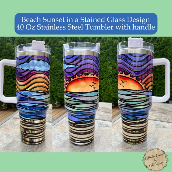 Beach Sunset in a Stained Glass Design 40 Ounce With Handle