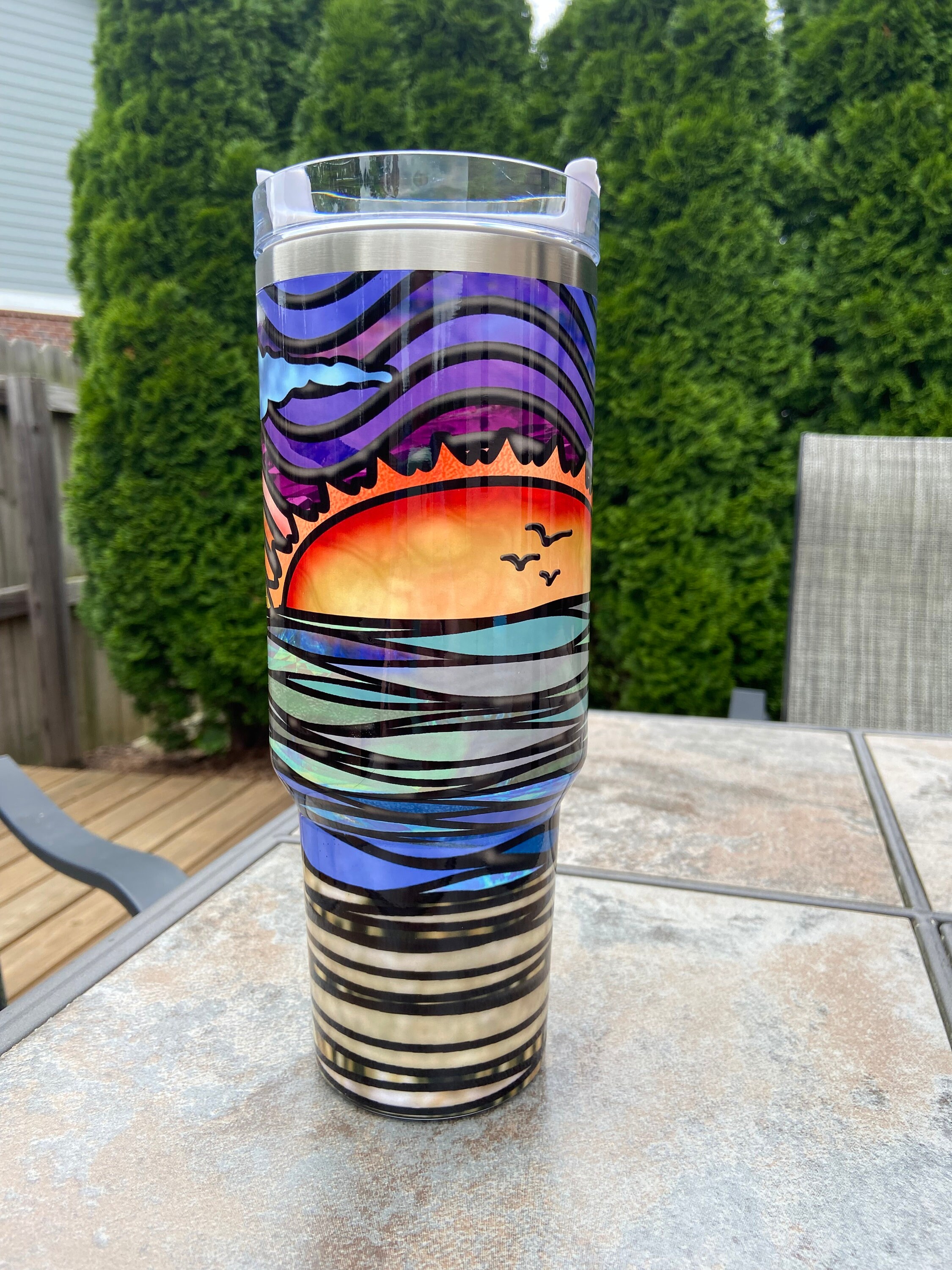 Beach Sunset in a Stained Glass Design 40 Ounce With Handle -  in 2023