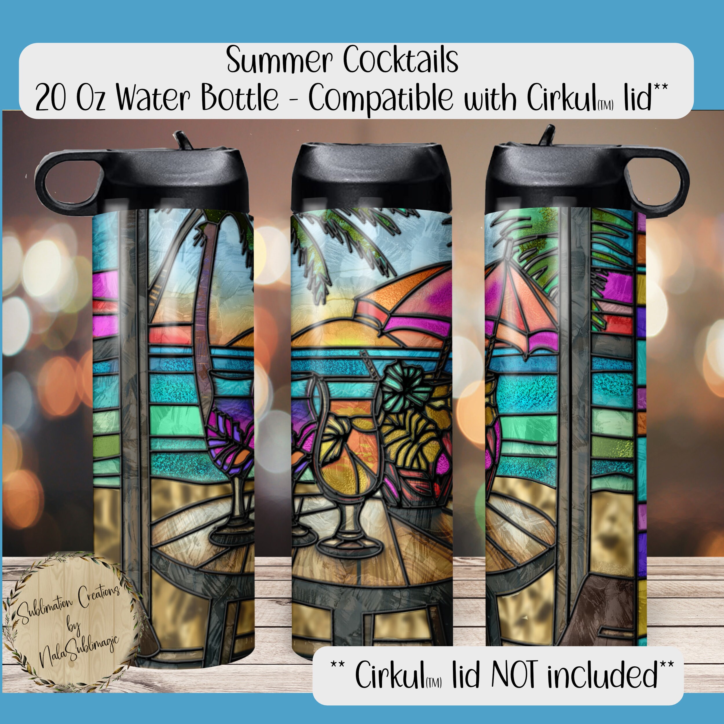 Cirkul (TM) lid compatible - Summer Cocktail Design - 20 Ounce Water Bottle