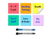 Dry Erase Colored Sticky Notes - 6 Pack Bright Colors Reusable Whiteboard Stickers - 4 inchx4 inch - 2 Magnetic Whiteboard Markers with Erasers - Easy