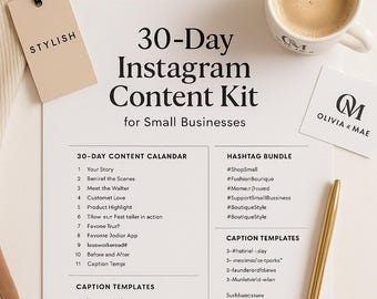 30 dagen Instagram-contentkalender voor kleine bedrijven | Socialmediaplanner + hashtagbundel + bijschriftsjablonen | Etsy-marketinggids (pdf)