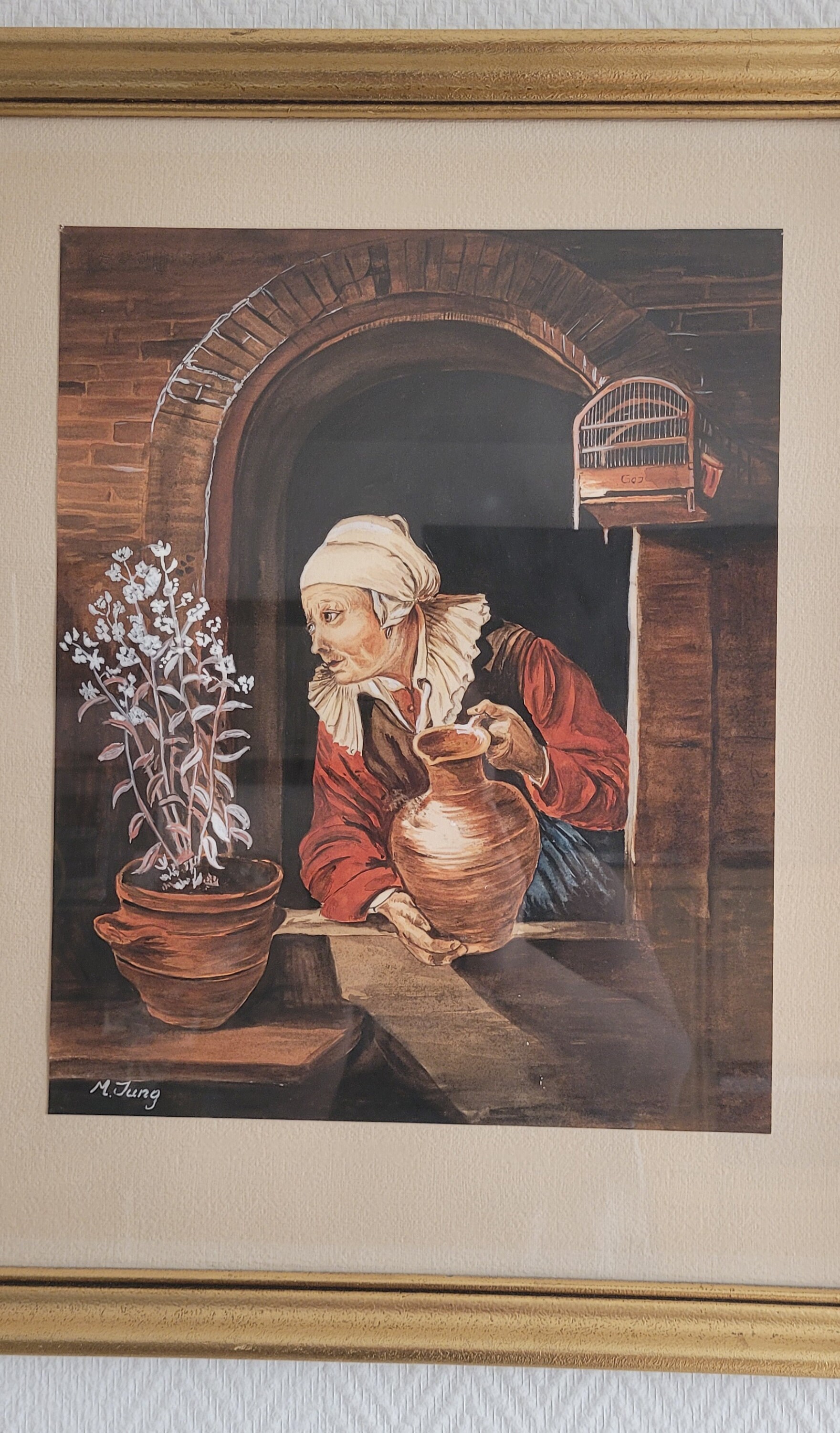 Tableau Imprimé Encadré Femme Âgée Arrosant Les Fleurs M. Yung 1660-1665