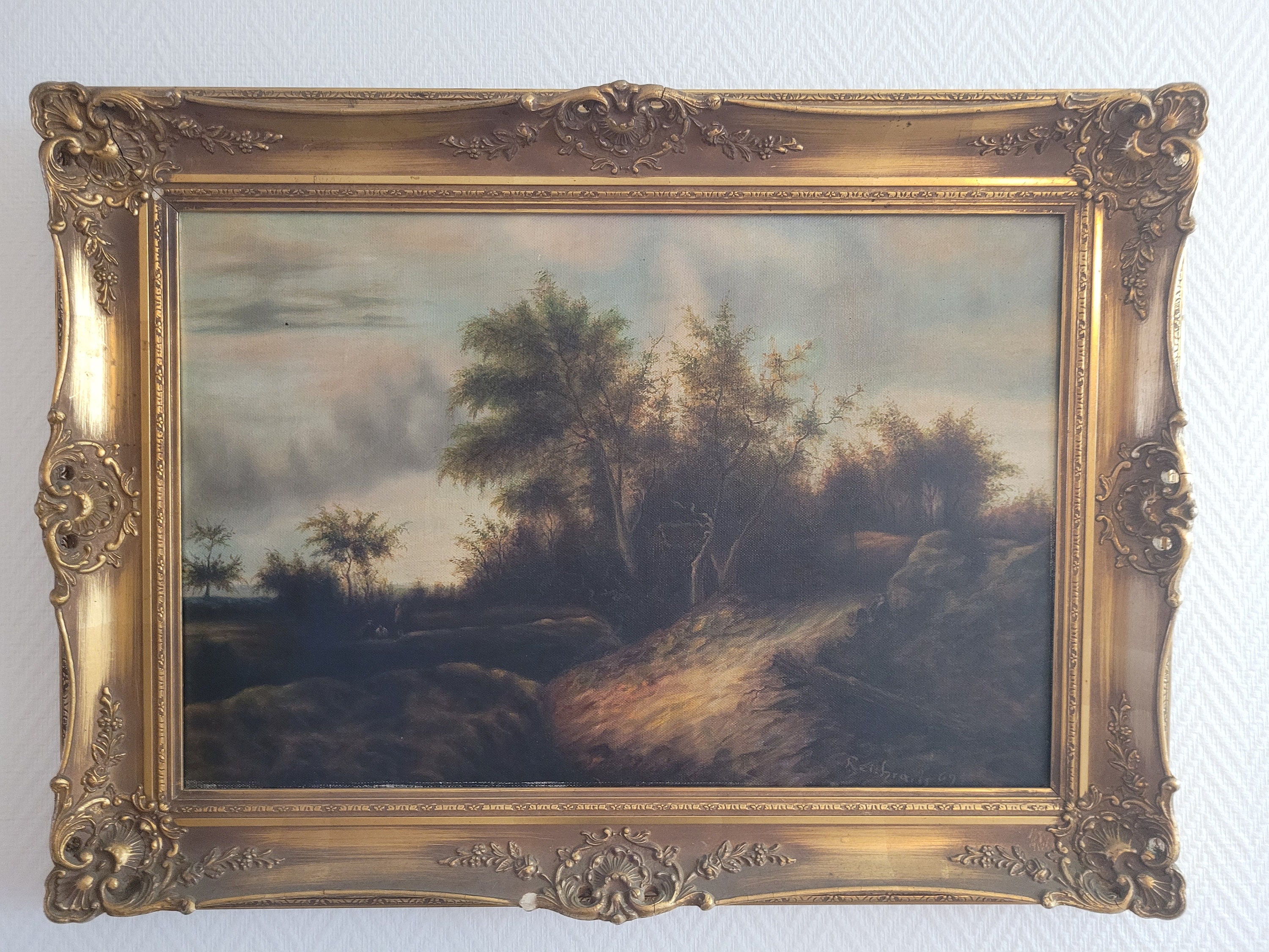 Vintage Grand Tableau Peinture sur Toile Encadré Signé Bavaria, Allemagne