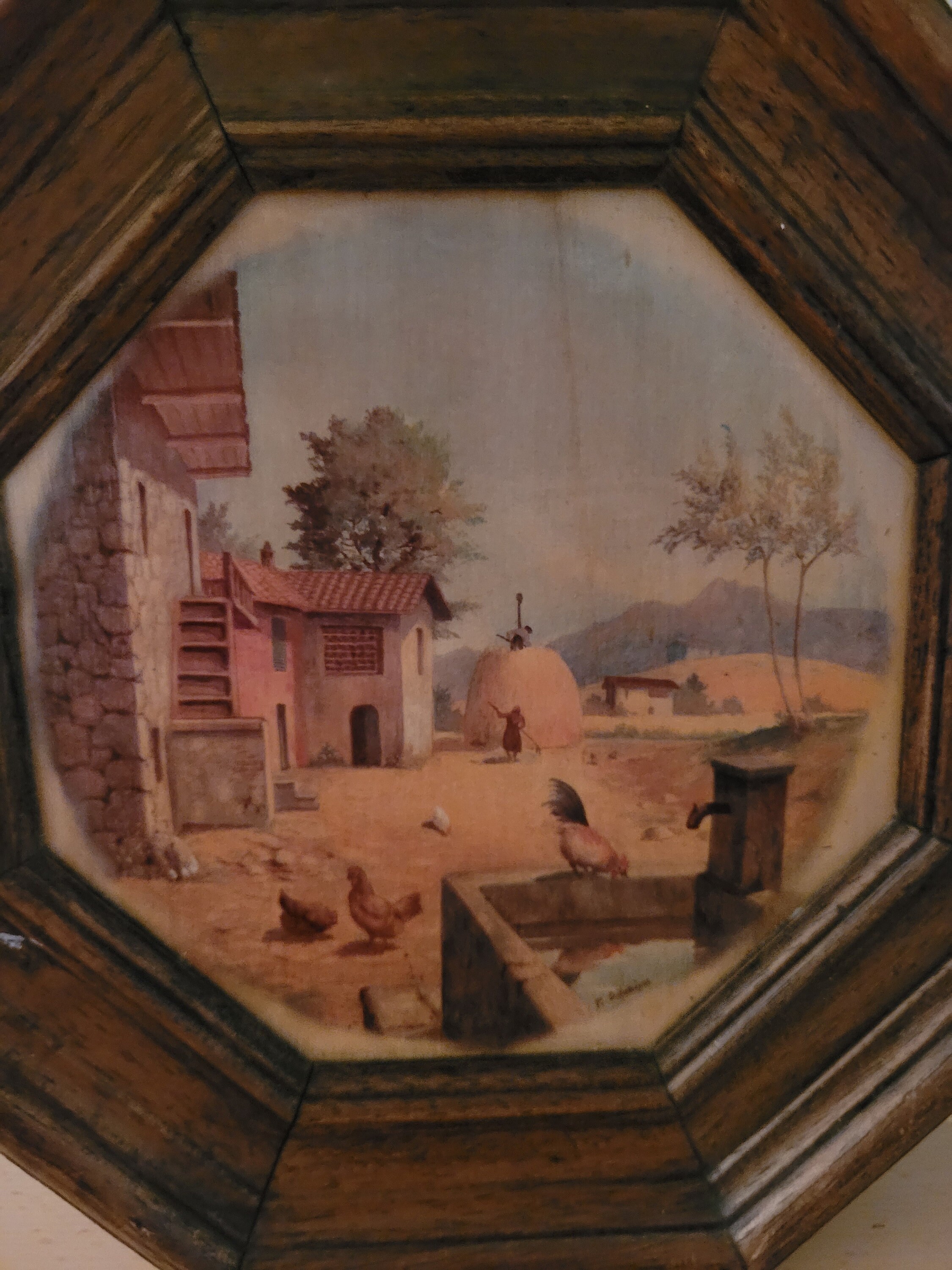 Image Rustique, Ferme avec Des Poulets Le Maison de Village, Signé P. Dilanipa