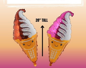 May include: Two jumbo ice cream cone foil balloons, one orange and one pink, each 39 inches tall. The balloons have a white ice cream swirl with sprinkles and a smiling face.