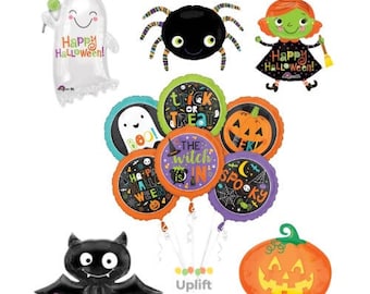 May include: A set of Halloween-themed balloons featuring a ghost, spider, witch, pumpkin, bat, and a cluster of smaller balloons with various Halloween-themed designs and text, including "Trick or Treat", "Boo", "The Witch is In", "Happy Halloween", and "Spooky".