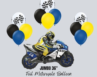 JUMBO Motorcycle 36" Balloon | Racing Motorcycle Balloon | Motorcycle Balloon Bundle Set | Racing Flag Balloons | Racing Theme Birthday