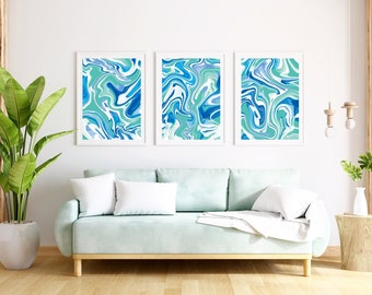 Preppy Wall Art Blue Set of 3, Preppy Room Decor Set of 3 Blue, Dorm Wall Art Set of 3, Preppy Paintings Set of 3, Turquoise Set of 3 Prints