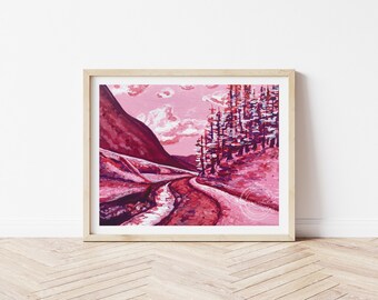 Preppy Wall Art Landscape, Pink Wall Art, Abstract Landscape Wall Art, Printable Wall Art, Watercolor Gouache Painting, Digital Download Art