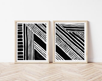 2 Piece Wall Art, Black and White Wall Art Set, 2 Piece Abstract Art, Black White Gray Abstract Art, Set of 2 Prints, Line Artwork