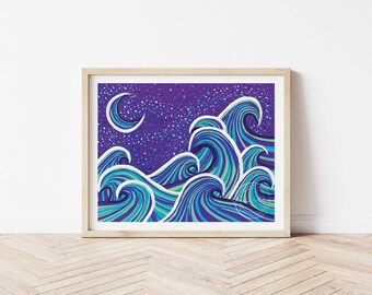 Ocean Printable Wall Art, Moon Printable Wall Art, Blue Ocean Wall Decor, Cool Colors Ocean Landscape, Wall Art Decor Gift, Sea Wall Art