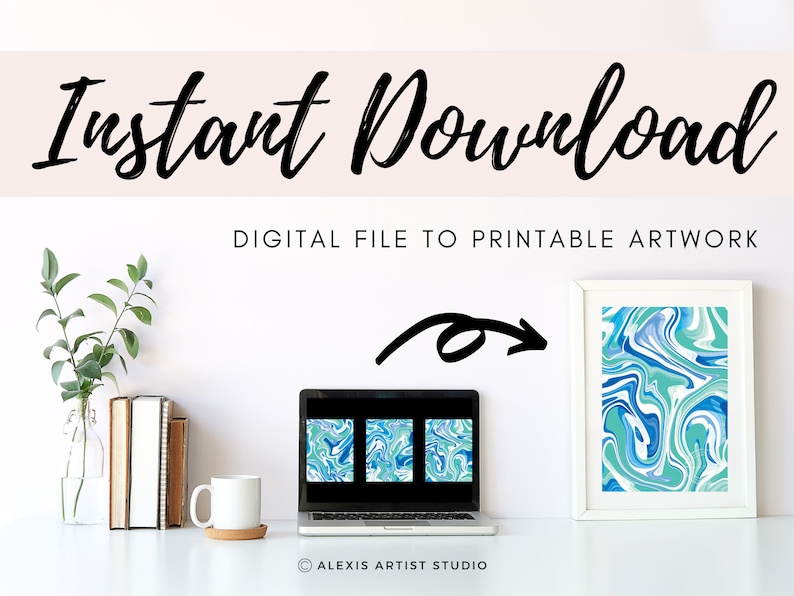 Pu&ograve; includere: Download istantaneo di file digitale di opere d'arte stampabili con un design astratto marmoreo blu, verde e bianco. L'opera d'arte &egrave; mostrata sullo schermo di un laptop e in una cornice bianca.
