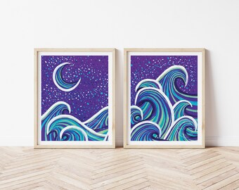 Ocean Wall Art Set, Night Landscape, Set of 2 Prints, 2 Piece Wall Art, Moon Art Print, Ocean Wall Art, Printable Wall Art, Cool Colors