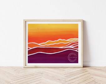 Simple Artwork, Warm Colors Wall Art, Simple Landscape Art, Printable Wall Art Abstract, Gouache Painting, Digital Art Download, Wall Decor