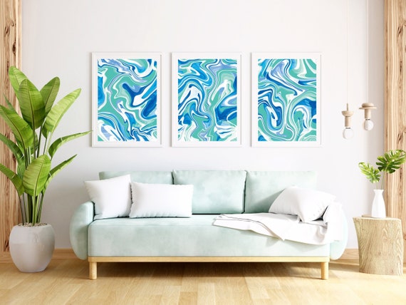 Preppy Wall Art Blue Set of 3, Preppy Room Decor Set of 3 Blue, Dorm Wall Art Set of 3, Preppy Paintings Set of 3, Turquoise Set of 3 Prints
