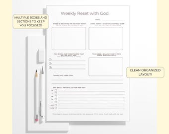 Daily Surrender & Weekly Faith Reset Bundle, Christian Reflection Printable Worksheets, 2-Page Scripture Planner Journal PDF