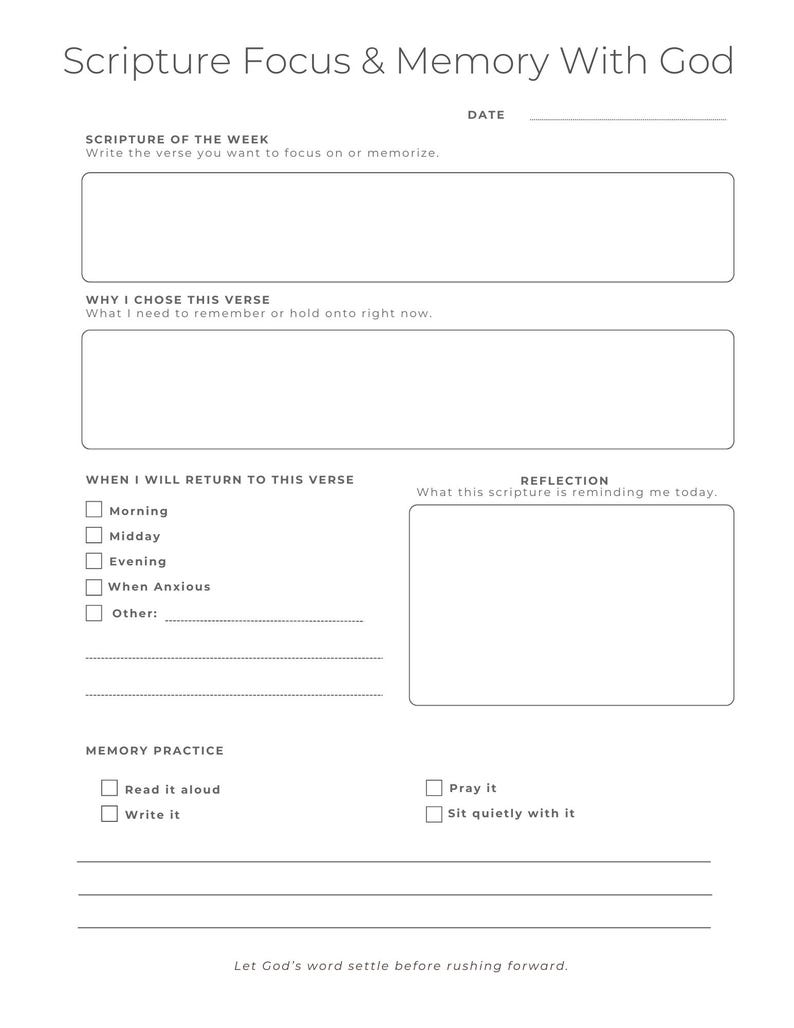 May include: A white journal page titled "Scripture Focus & Memory With God." It features sections for writing a scripture, the reason for choosing it, and reflection. Checkboxes are provided for when to return to the verse and memory practice.
