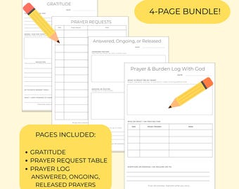 Prayer & Gratitude Bundle Printables, Christian Prayer Worksheets, 4-Pages PDF, Digital Download