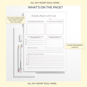 Reinicio semanal imprimible basado en la fe, página de diario de reflexión de oración cristiana, planificador de las Escrituras en PDF