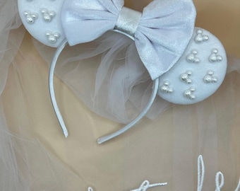 Bruids Mickey-oren met sluier – Disney Bachelorette-hoofdband | Parelbruiloft Minnie Ears bruidscadeau