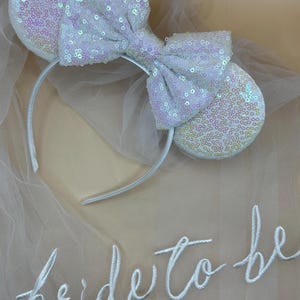 Bride Mickey Mouse Ears with Veil – White Sequin Minnie Bridal Ears, Disney Bachelorette, Honeymoon Gift, Wedding Accessories