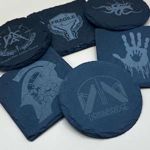Death Stranding-Inspired Slate Coasters | Choose Your Symbol | Laser-Etched Stone | Gamer Gift Set or Single