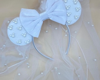 Braut Micky Ohren mit Schleier – Weiße Perle Disney Hochzeit Haarband