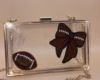 Clear Stadium Approved Football Purse – Game Day Crossbody with Sequin Football & Bow Patches
