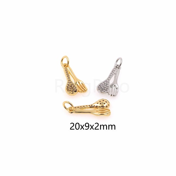 18K Gold Filled Spoon Fork Pendant,CZ Micro Pave Cutlery Charm,DIY Jewelry Making Supply