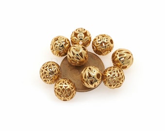 50pcs Brass Filigree Round Beads Real 18K Gold Plated Loose Spacer Crafting 10mm 