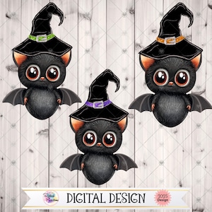 May include: Three cartoon bats wearing witch hats with different colored buckles. The bats are black with large eyes and wings. The image has a digital design banner at the bottom.