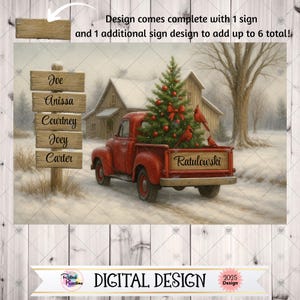 May include: Digital design featuring a red vintage truck carrying a Christmas tree with red cardinals. A wooden signpost displays names: Joe, Anissa, Courtney, Joey, and Carter. The truck has the name Ratulowski on the tailgate.