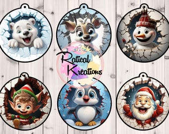 May include: Five circular ornaments featuring a polar bear, a deer, a snowman, an elf, and Santa Claus, each breaking through a cracked wall. The center displays the text Ratical Kreations in black script over a colorful watercolor splash.