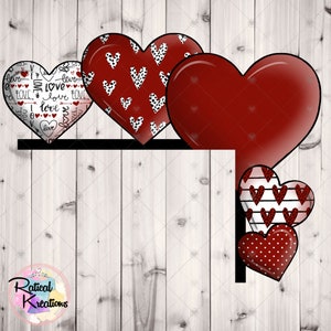May include: A decorative heart-shaped shelf with multiple heart designs. The hearts feature patterns like polka dots, love-themed text, and a red and white striped design. The shelf is black, and the hearts are various shades of red and white.